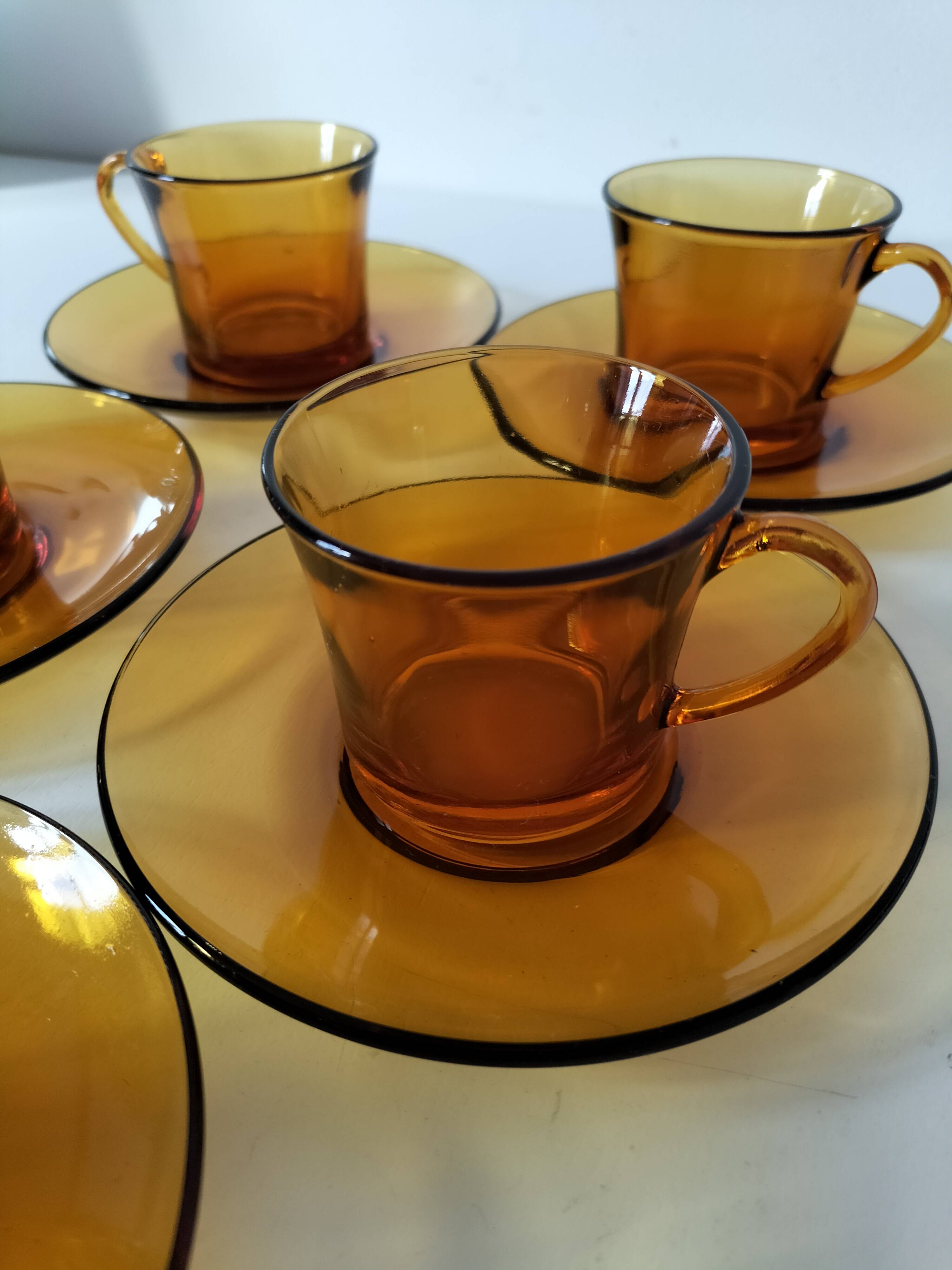 5 vintage amber Duralex cups and saucers