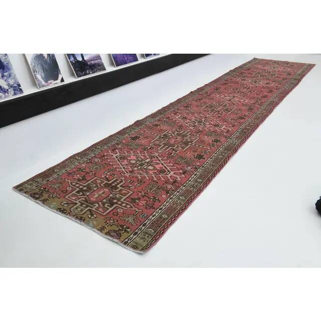 1970s Vintage Turkish Oushak Handmade Wool Cotton Pink Runner Rug 76x365