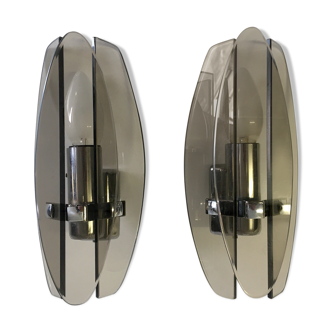 Pair of Veca smoked glass sconces for Fontana Arte, 70s