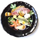 Assiette en Barbotine style 1970 Vallauris Poissons Étoile de Mer