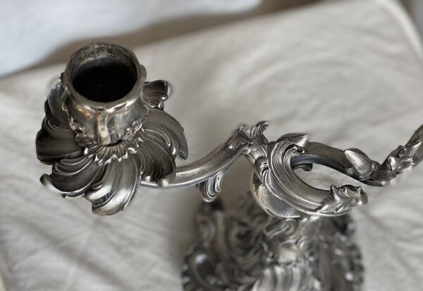 Paire de Chandeliers rocaille métal argenté vintage 1950