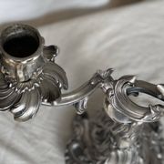 Pair of vintage 1950s silver-plated metal rocaille chandeliers