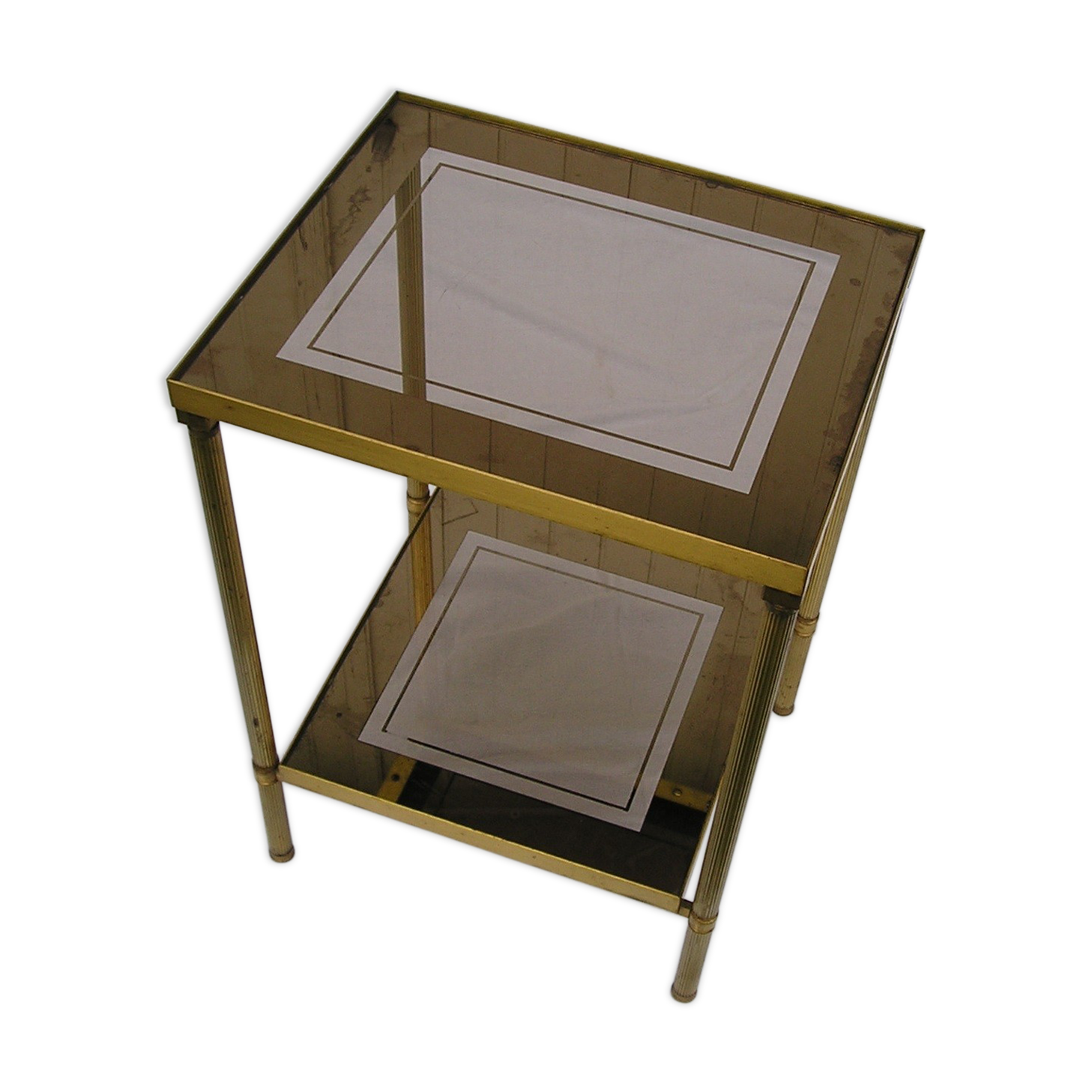 End table, end table in bronze gold and double glass mirror 70's