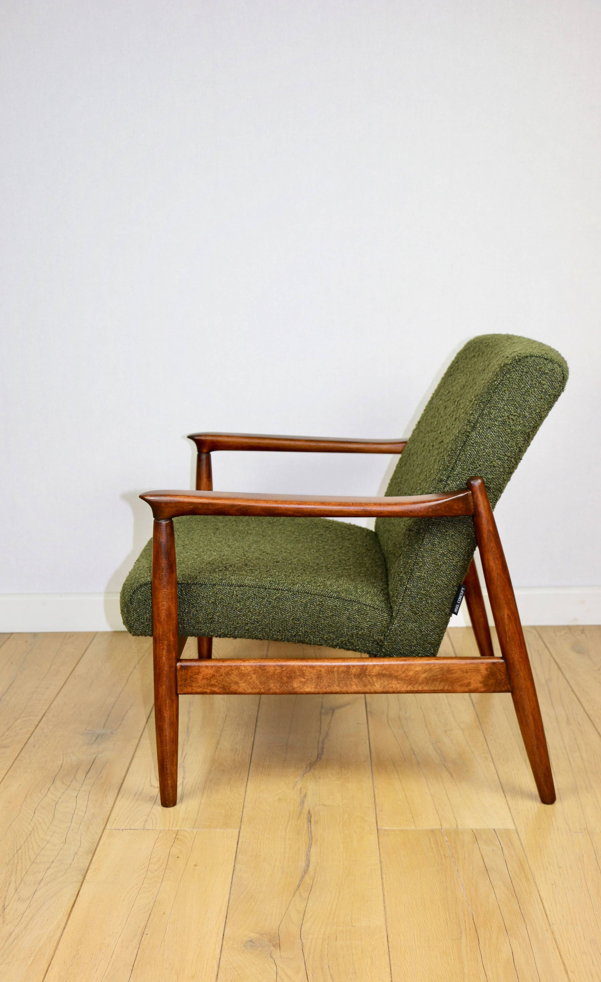 GFM-64 armchair, design by Edmund Homa from the 60s, olive green boucle - 2 pieces available