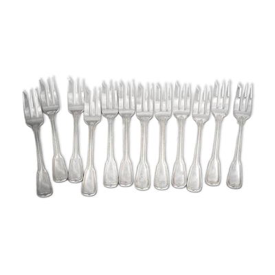 Sfam modèle Filet, 12 fourchettes à gâteaux longues, 16 cm, en métal argenté.