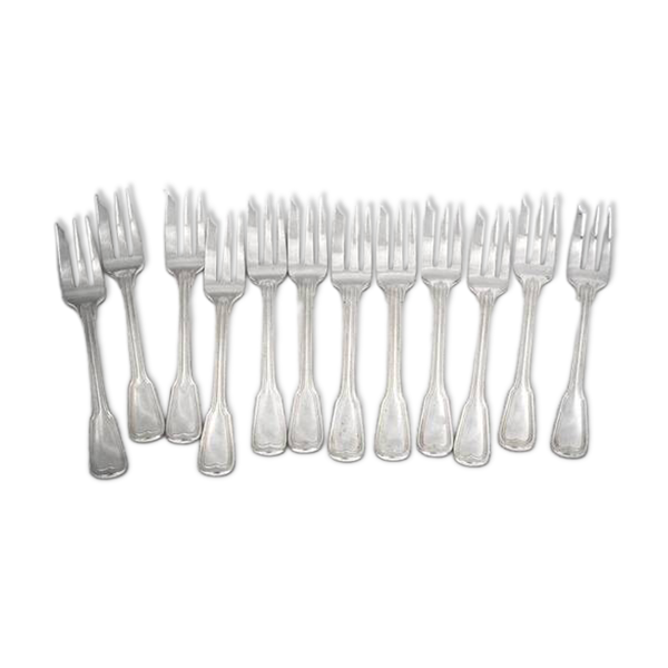 Sfam modèle Filet, 12 fourchettes à gâteaux longues, 16 cm, en métal argenté.