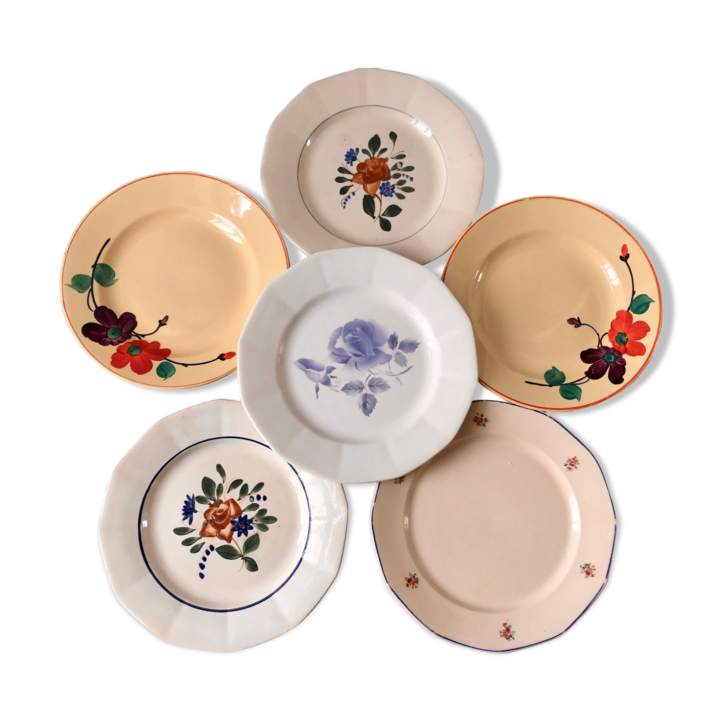 Lot de 6 assiettes plates dépareillées digoin sarreguemines modèle "ginette" & autre années 40-50