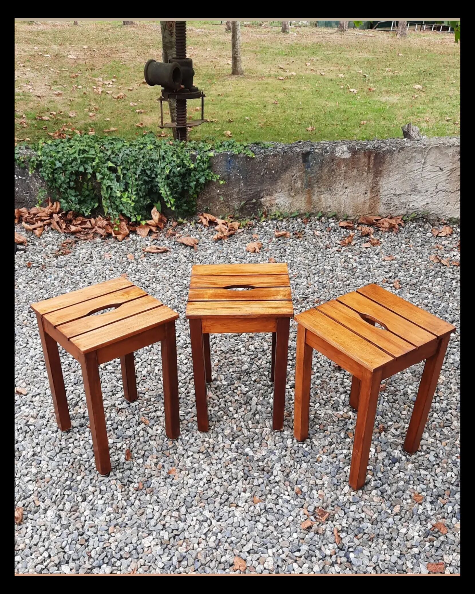 3 Wooden stools. (beech) slats and ease handle