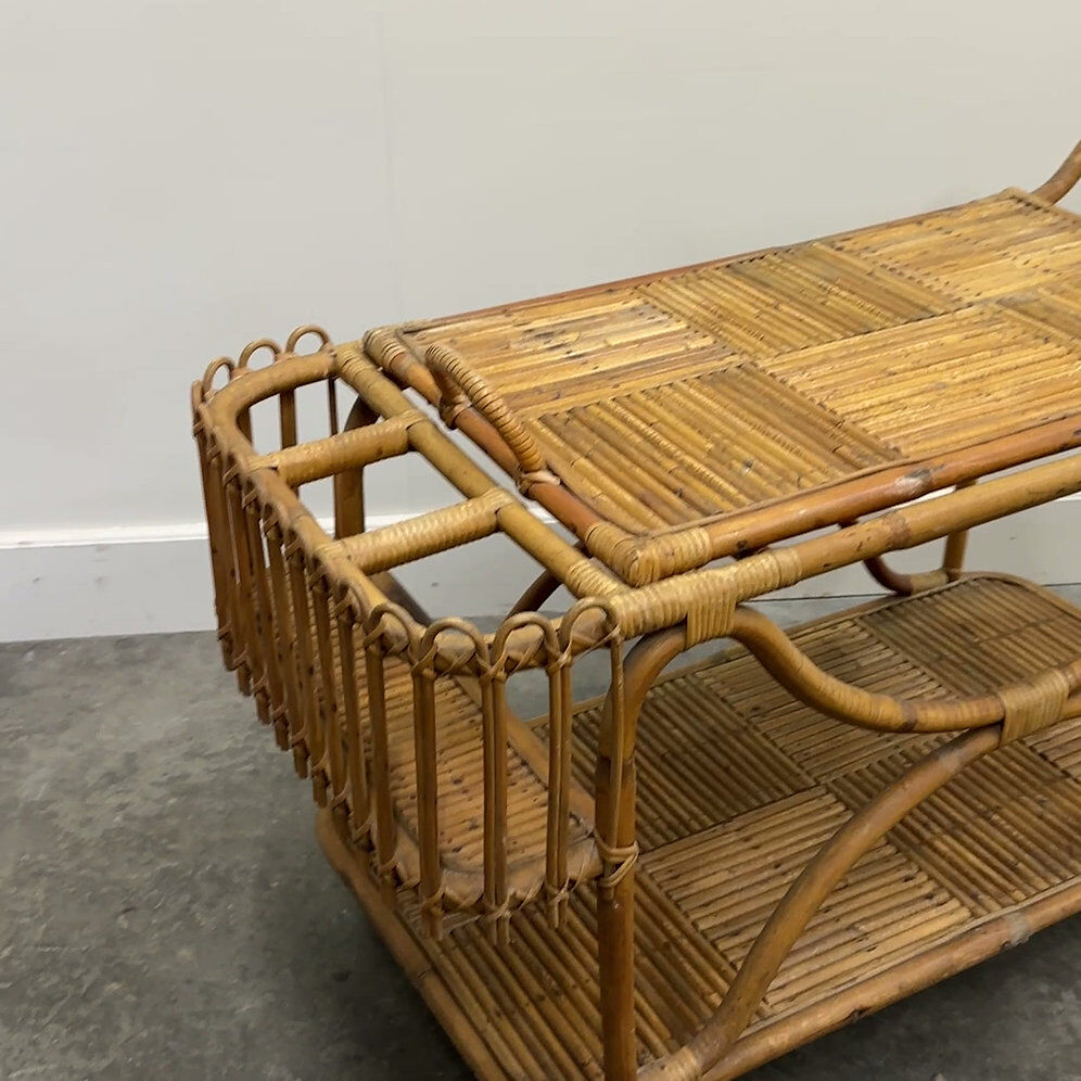 Rare large French Riviera rattan bar cart with bottle holder, 1960s