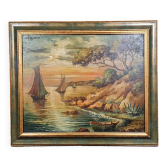 Oil on panel dated 1942, signed to identify, shores of the Mediterranean