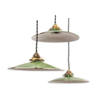 Set of 3 green enameled hanging lamps, France, 1950's