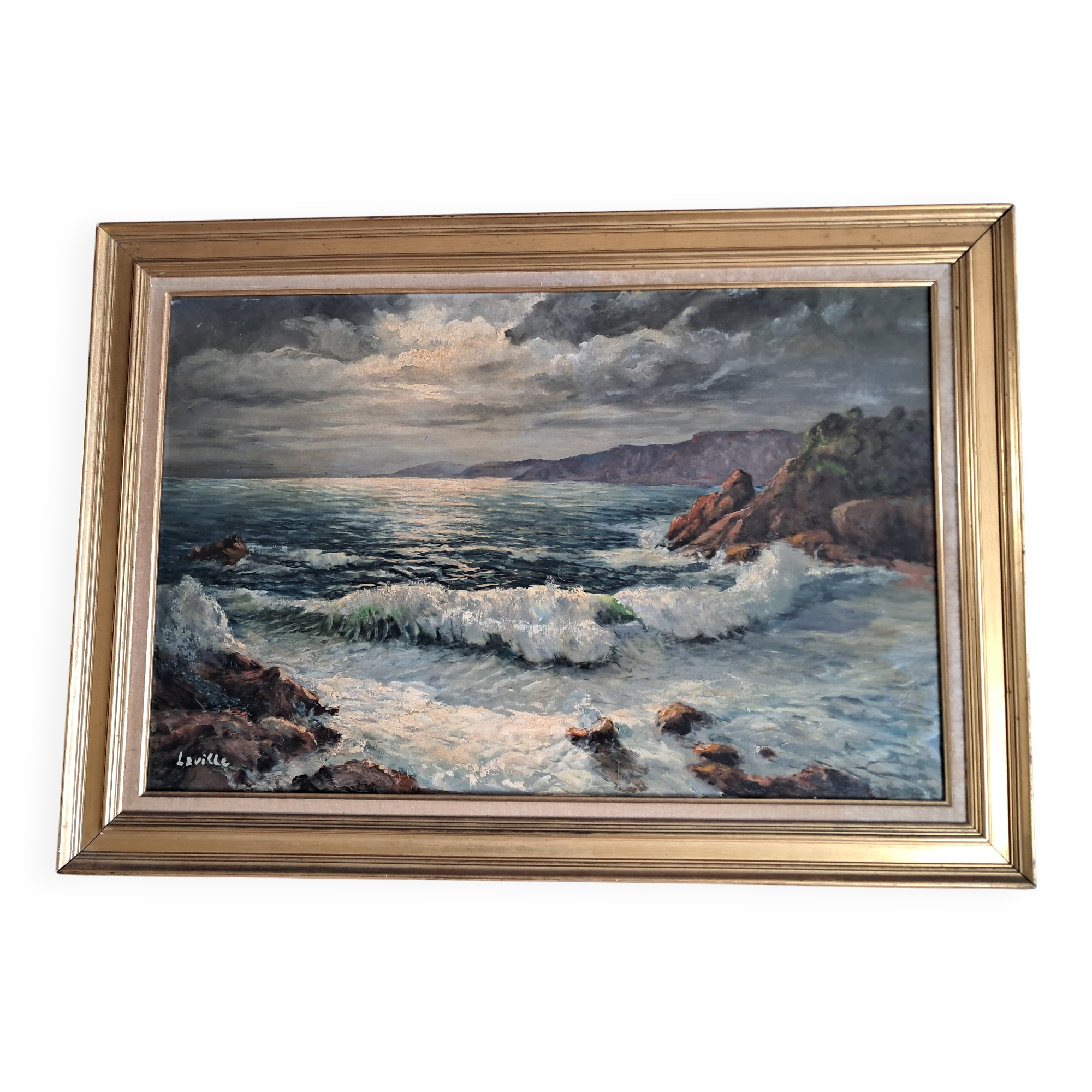 Large old oil painting depicting a seascape.