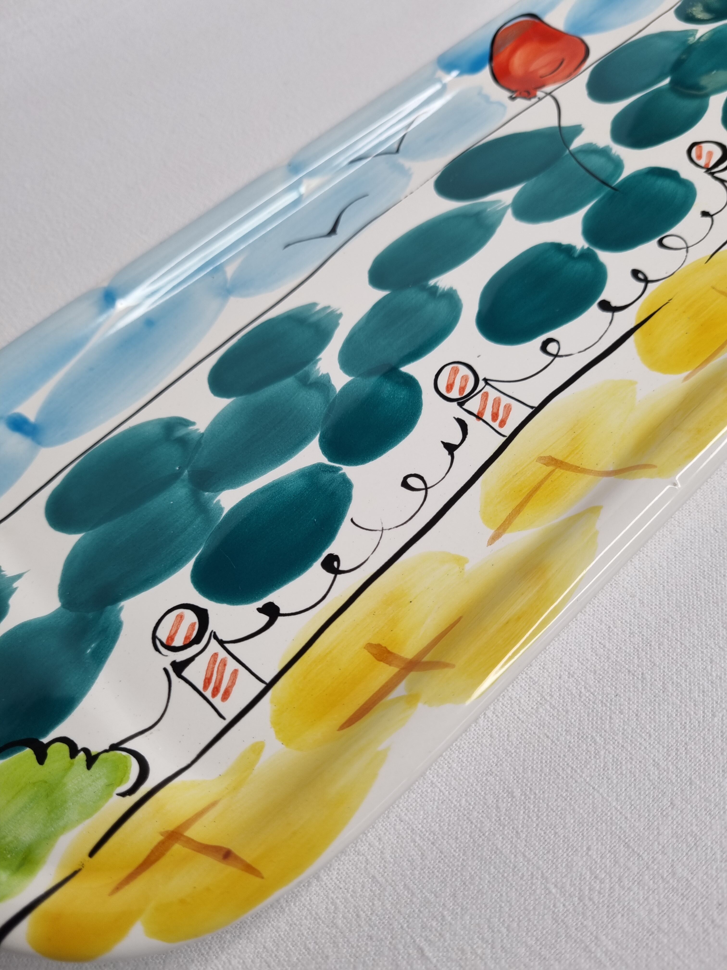Enamelled ceramic dish, hand painted, Portugal, 36 cm