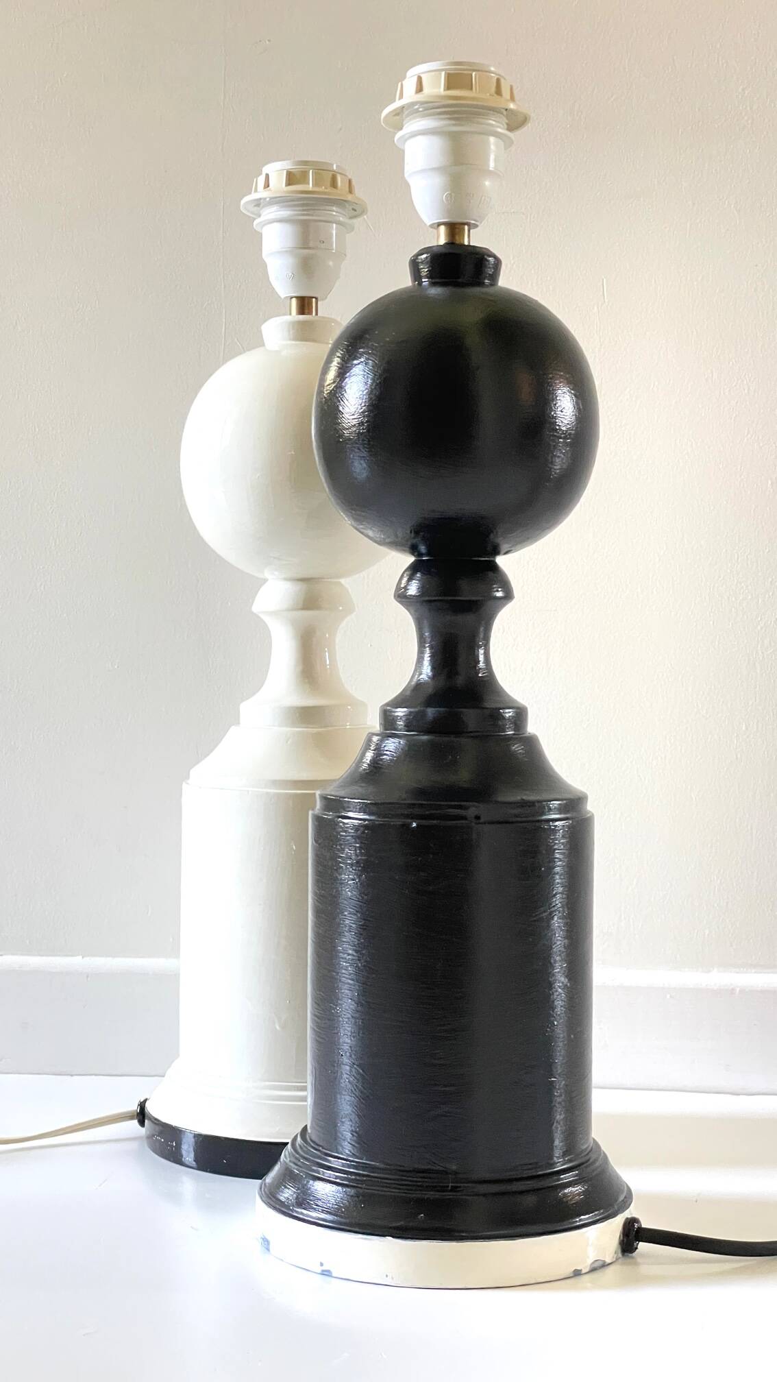 2 large black and white turned wood vintage lamp bases.