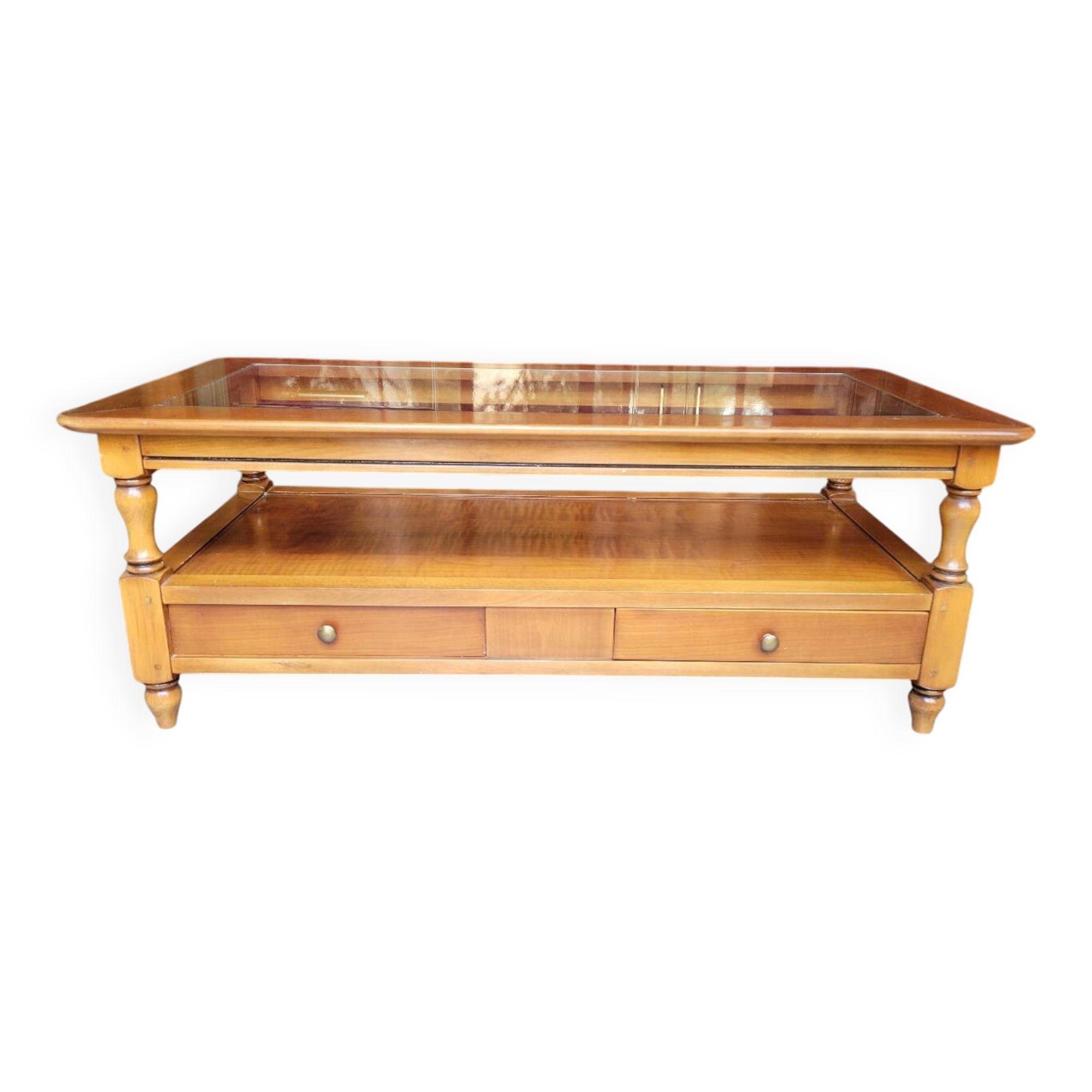 Coffee table with 2 drawers in solid cherry wood and glass.