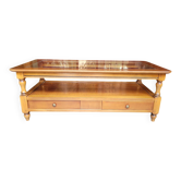Coffee table with 2 drawers in solid cherry wood and glass.
