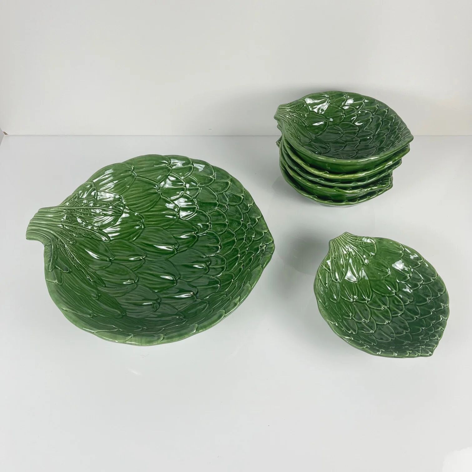 Salad service green leaf artichoke vintage salad bowl + 6 bowls 70s