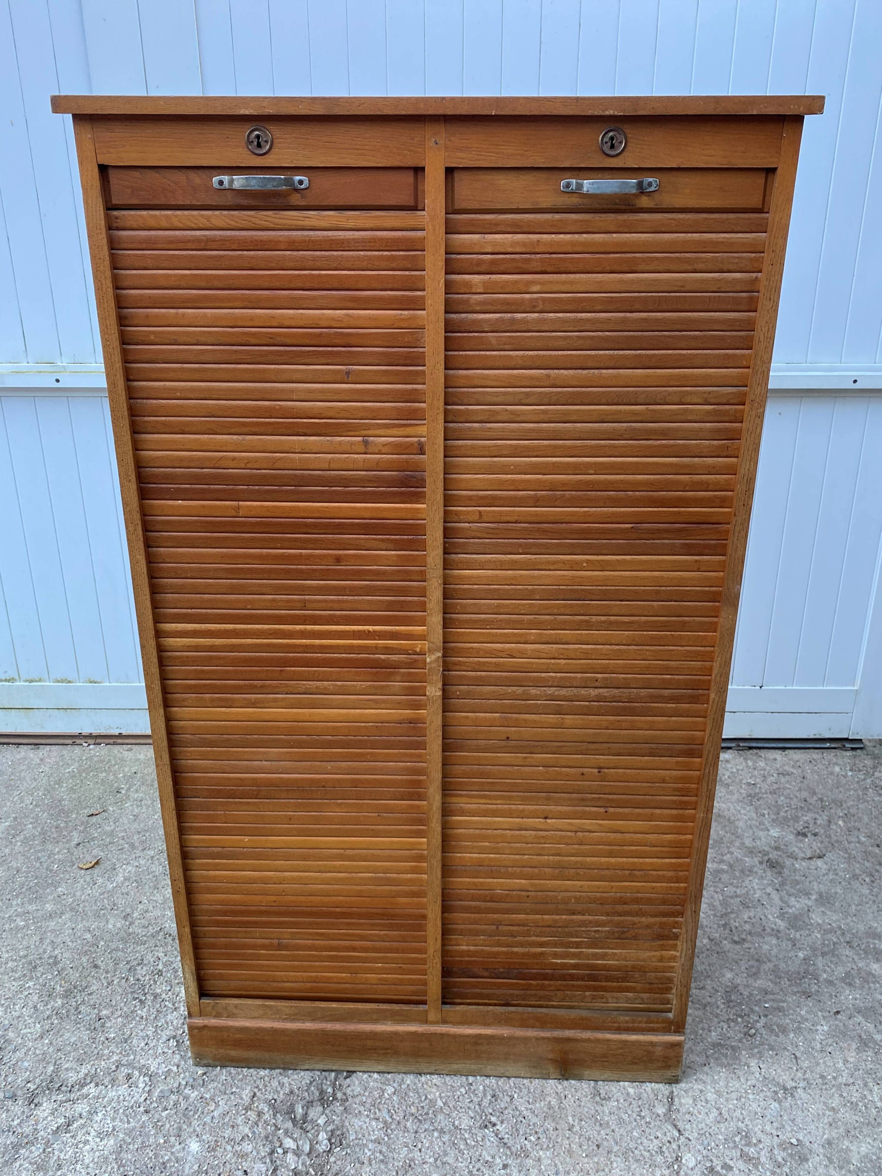 Antique oak double-column roll-top filing cabinet, circa 1950