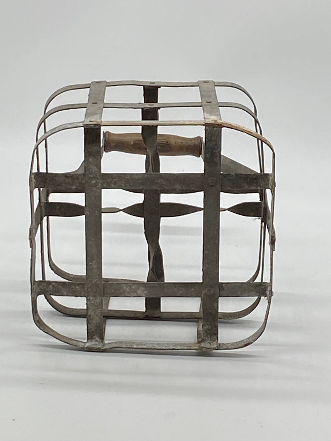 Old bottle holder basket, metal, vintage