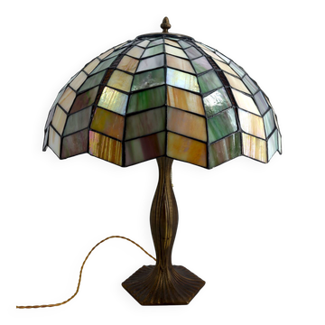 Bronze and stained glass table lamp – Art Nouveau/Tiffany style, Circa 1980