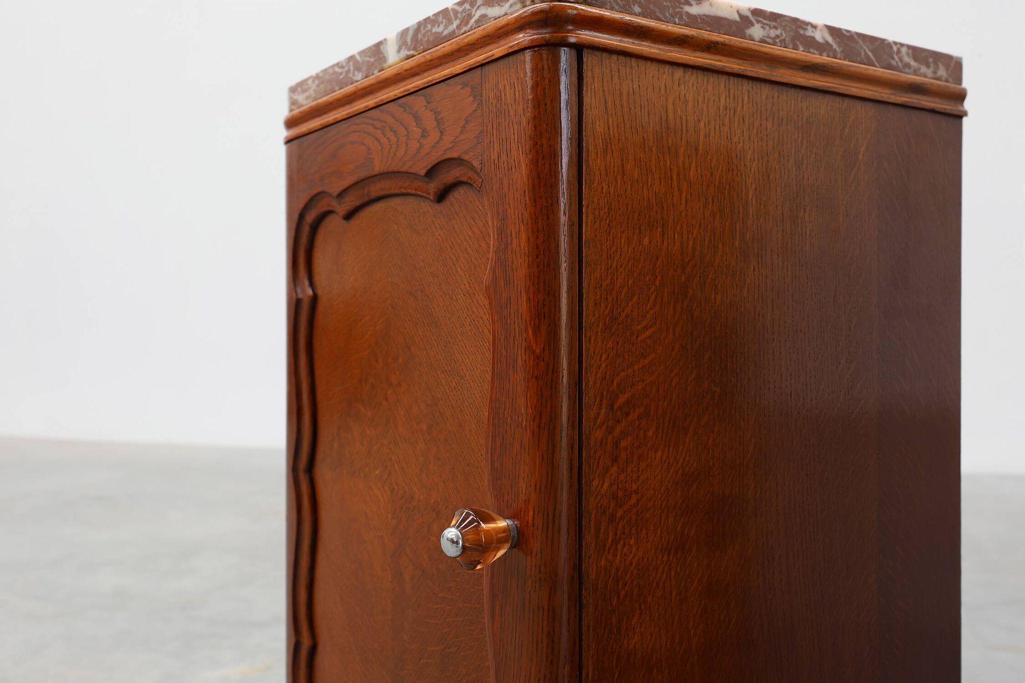 Pair of Art Deco nightstands in oak with marble top, France ca. 1925