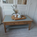 Coffee table made from a desk of the 40s, tray and green shelf