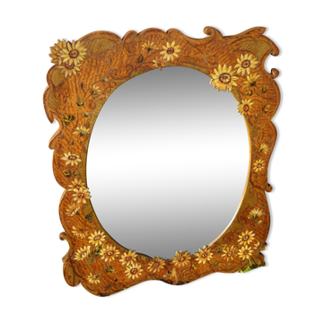 Polychrome pyrographed mirror 76 x 63 cm