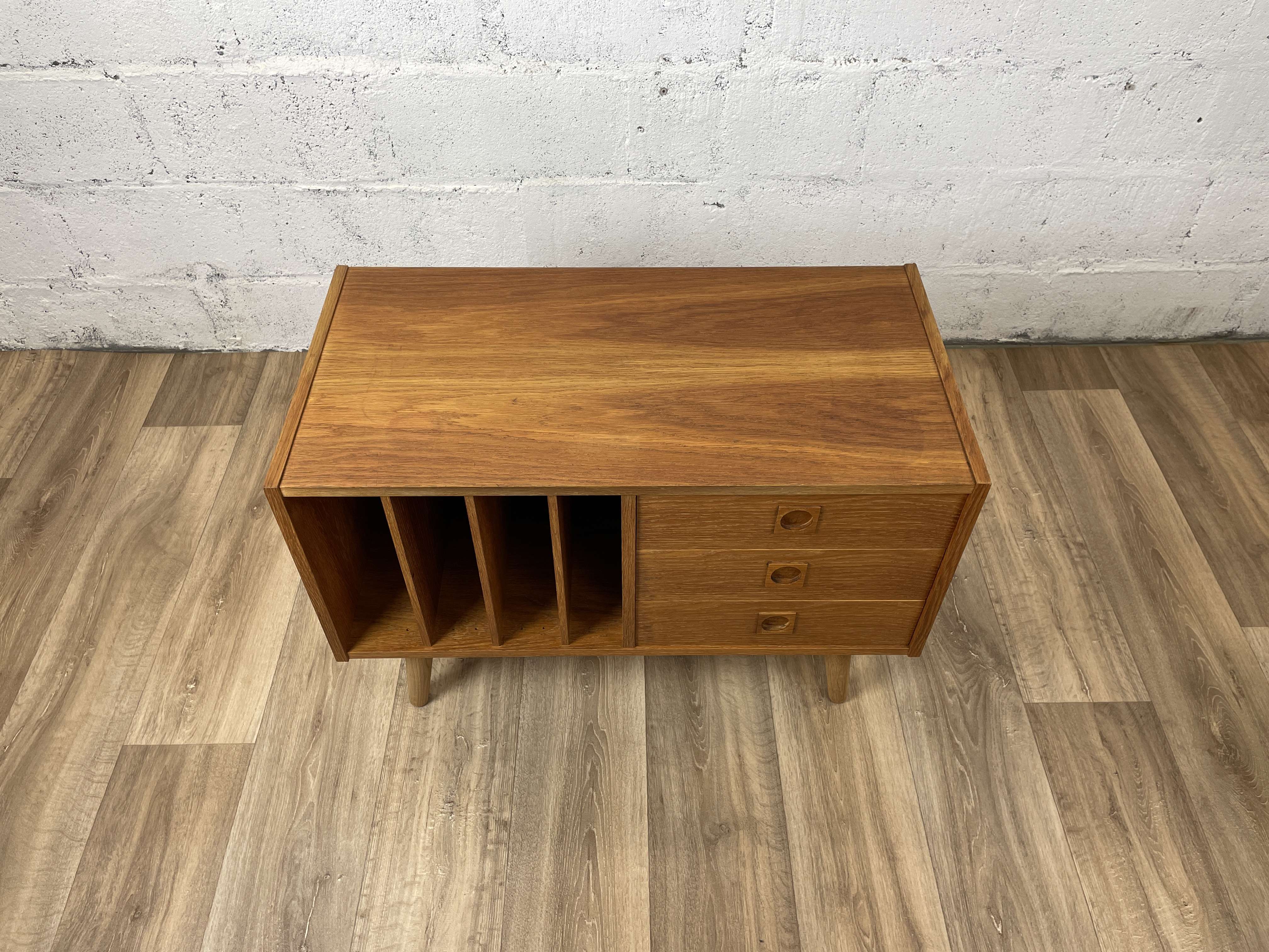Scandinavian oak chest of drawers with vinyl storage, 60s