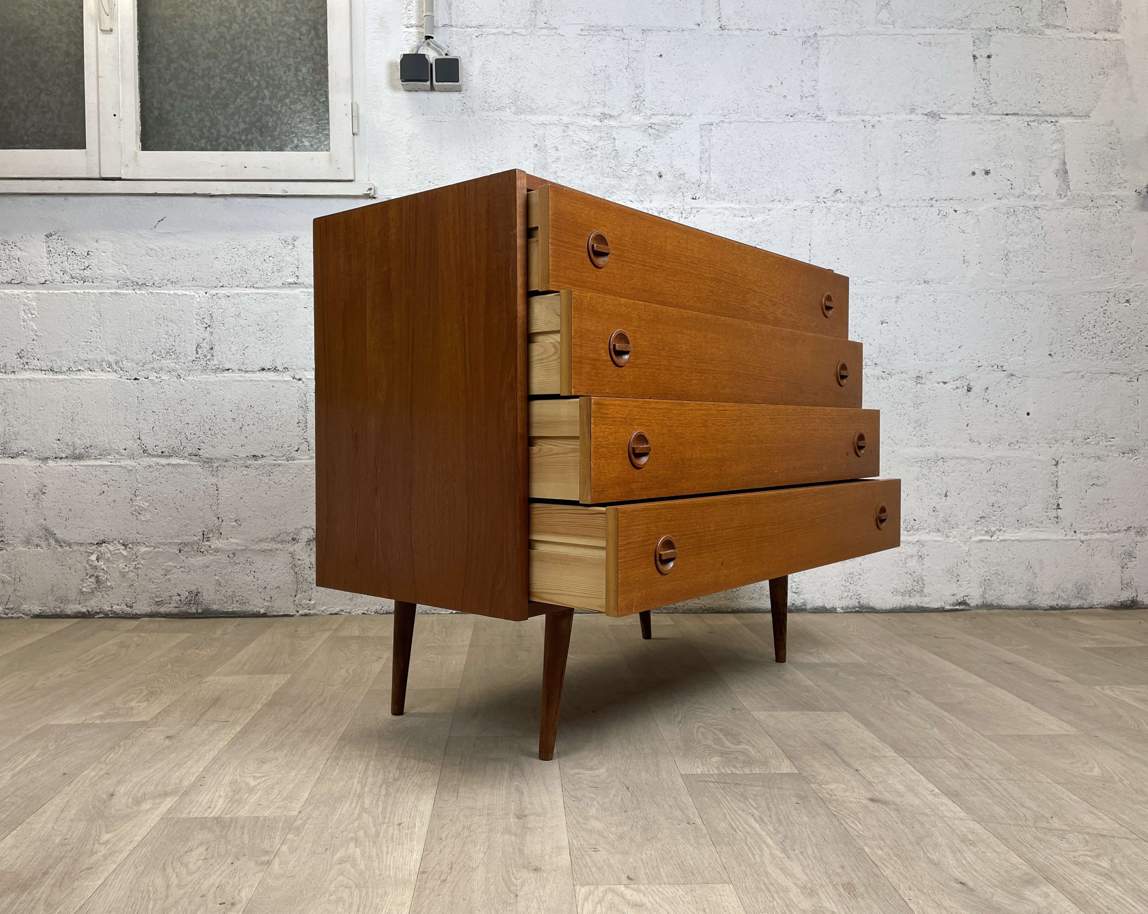 Wide chest of drawers 4 drawers scandinavian vintage teak, 60s