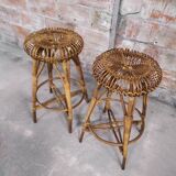 Paire de tabourets de bar bambou & rotin