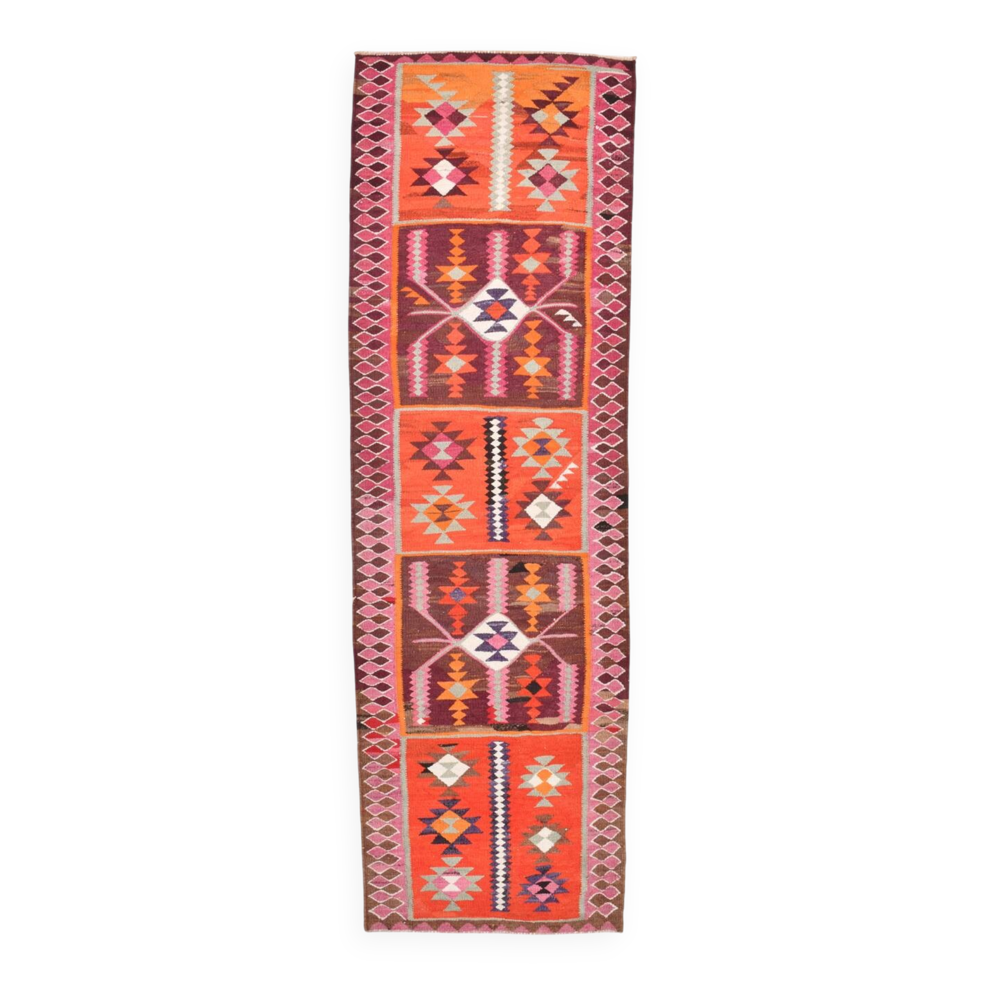 3x11 Pink Brown Vintage Kilim Runner Rug, 104x328Cm