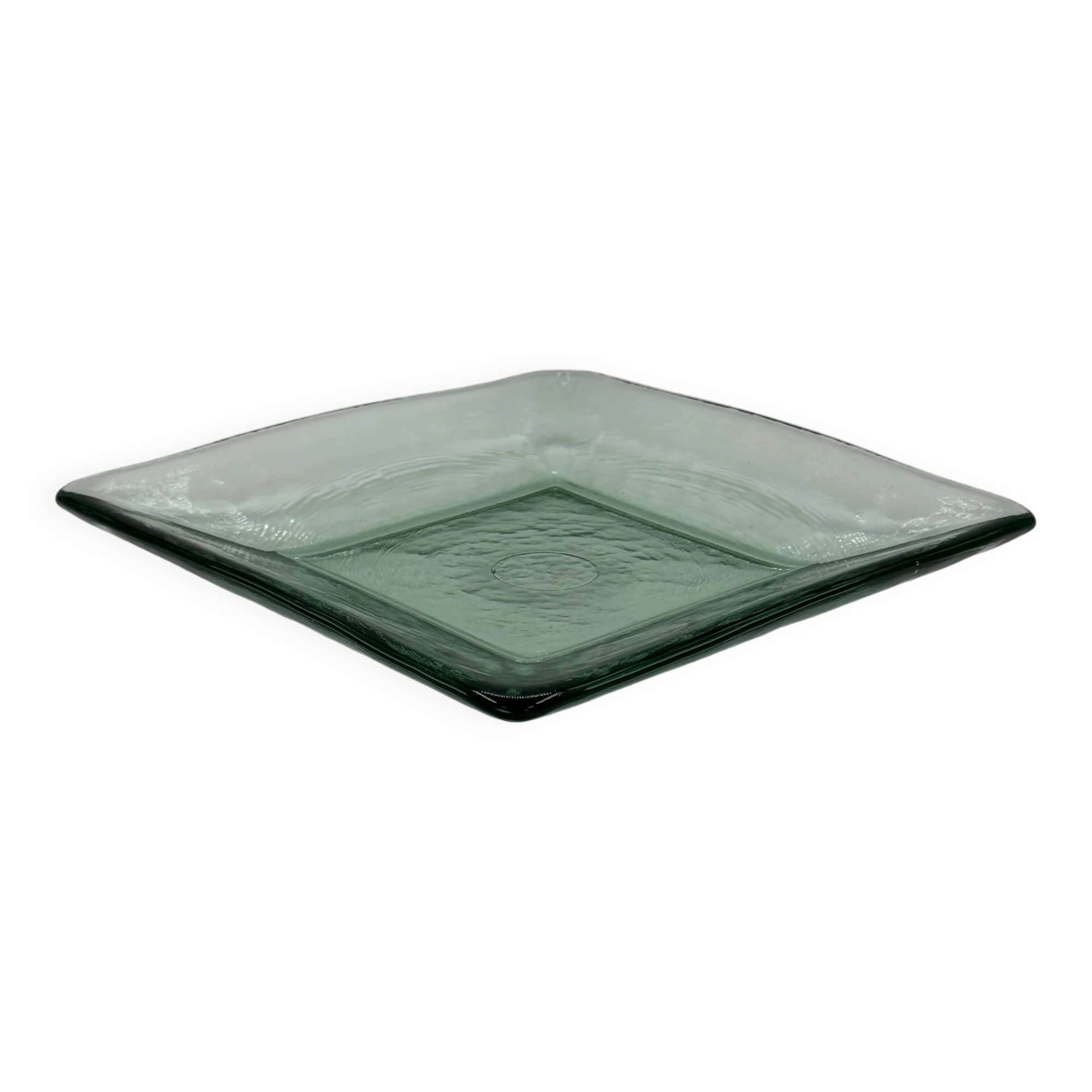 Square sculptural glass plate, textured wavy finish.