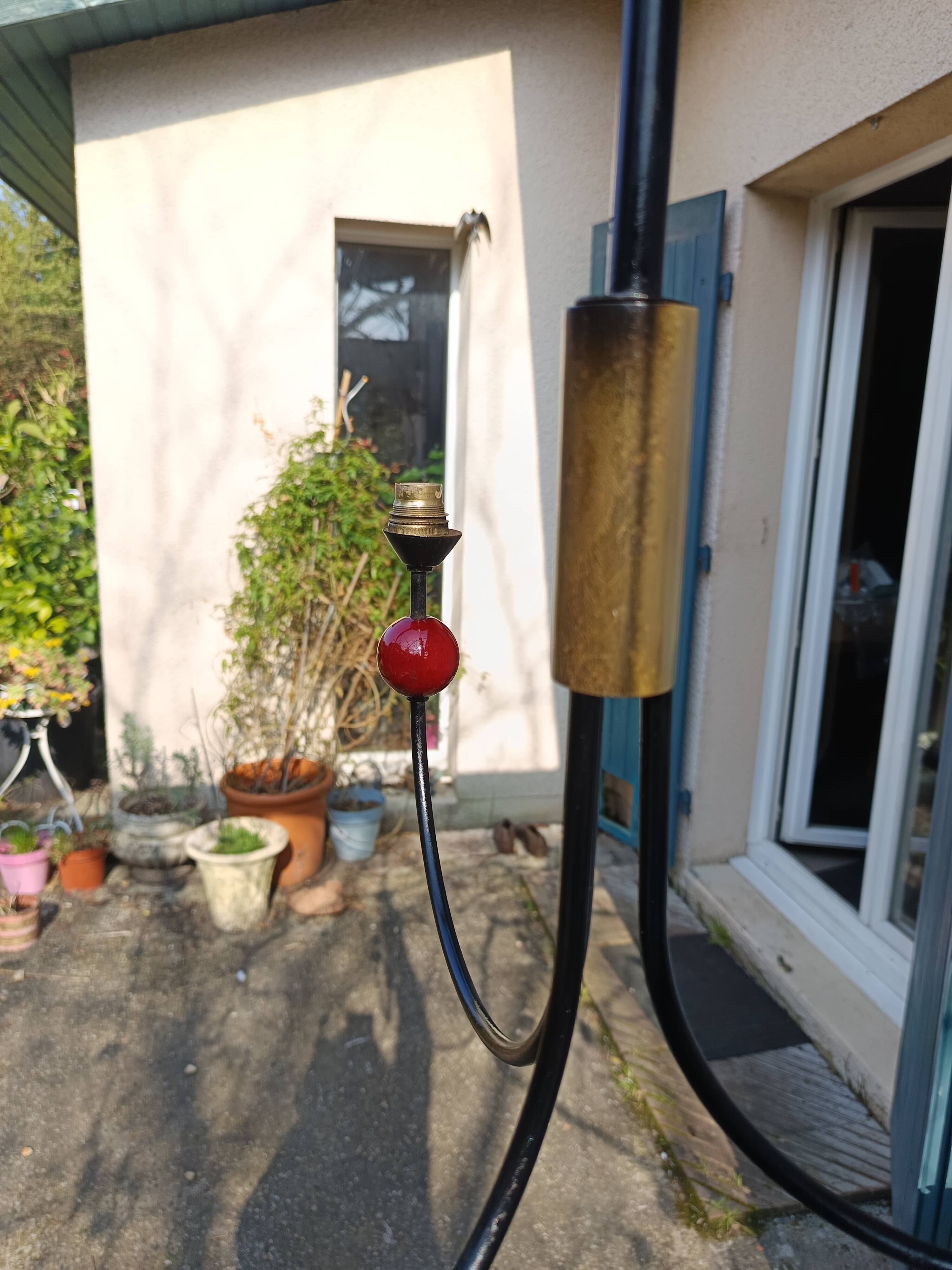 pair of vintage black metal chandeliers with red balls 1950/1970
