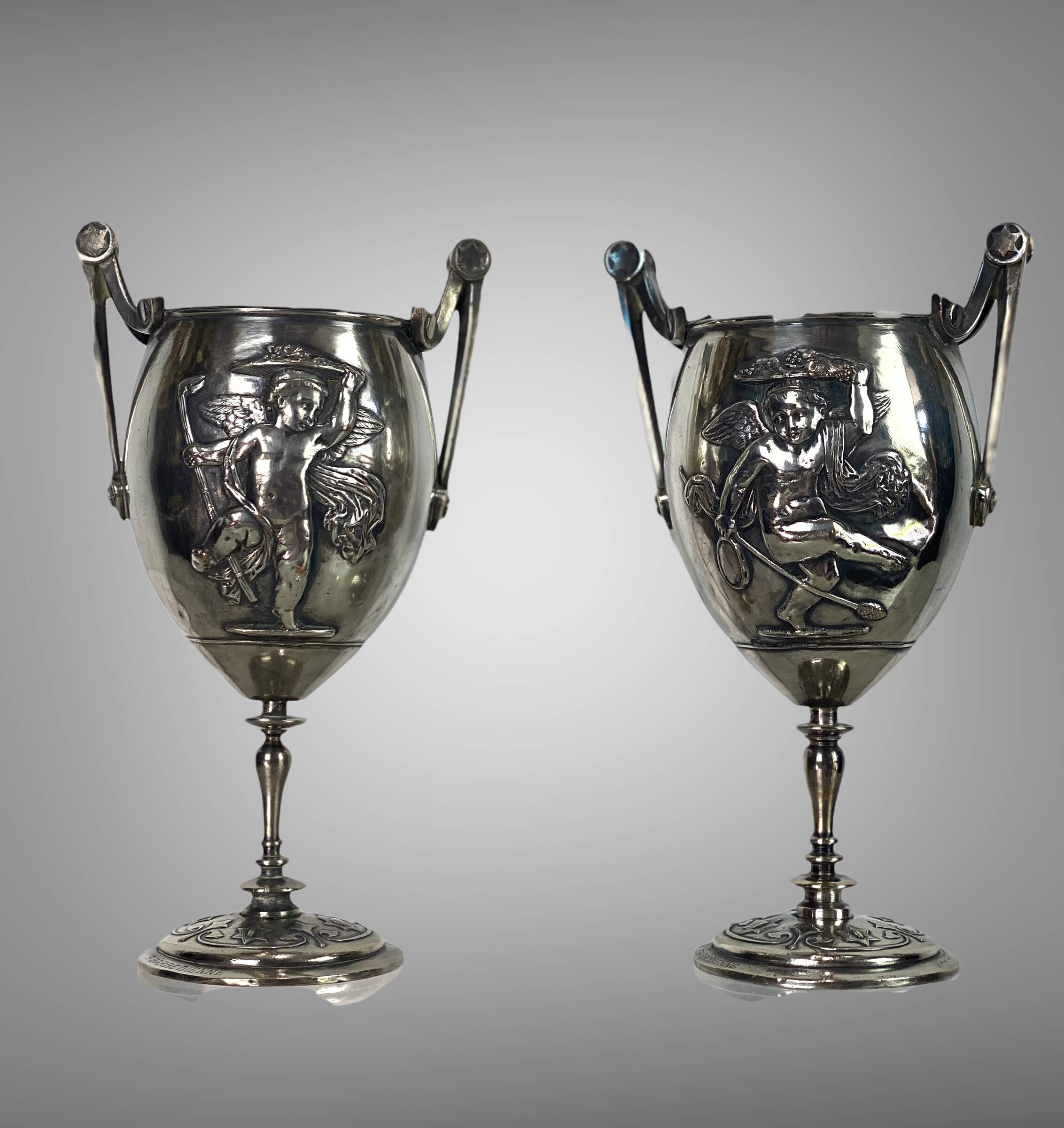 Ferdinand barbedienne 1810/ 1892 pair of silver bronze cups from the 19th to set de putti