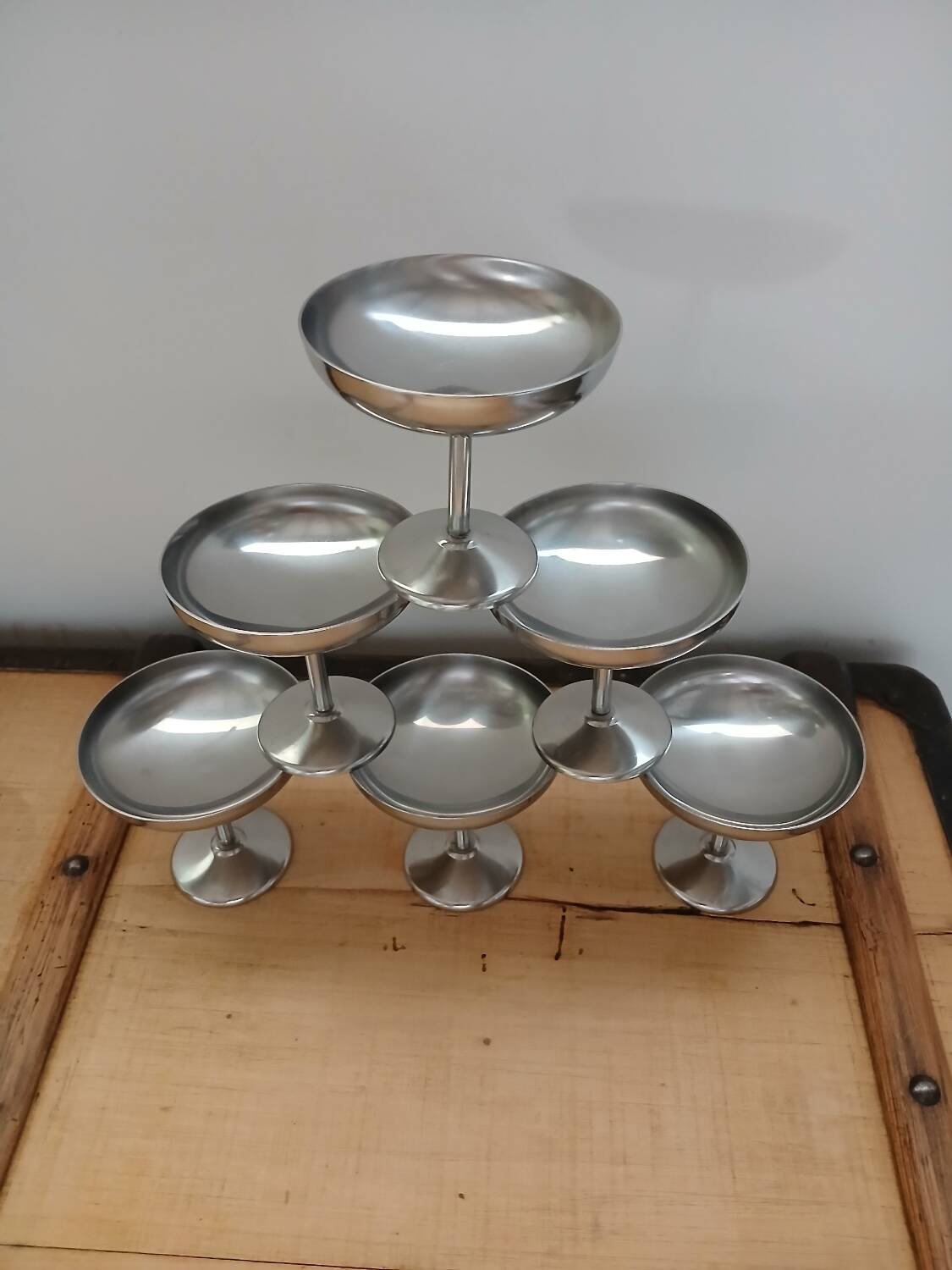 6 antique solid stainless steel ice cream cups