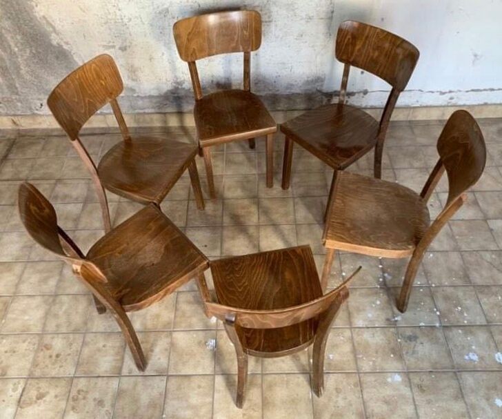6 old lounge chairs bistro curved wood