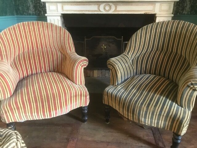 Pair of Original tapestry velvet stripe armchairs.
