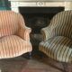 Pair of Original tapestry velvet stripe armchairs.