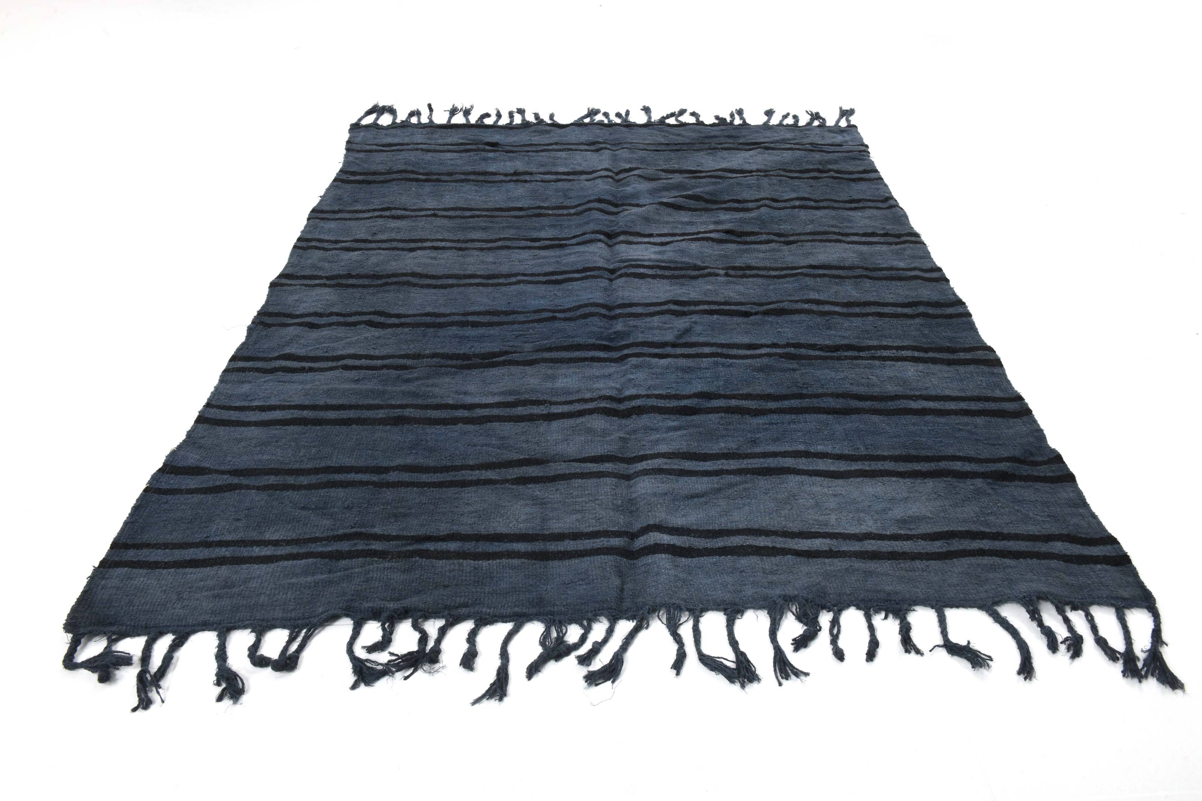 6x8 Navy Blue & Black Striped Kilim Rug, 174x240Cm