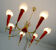 1950s mid century pendant light brass red plastic 7 glass shades