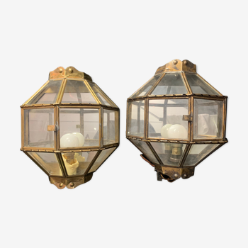 Pair of brass and vintage glass wall lamps