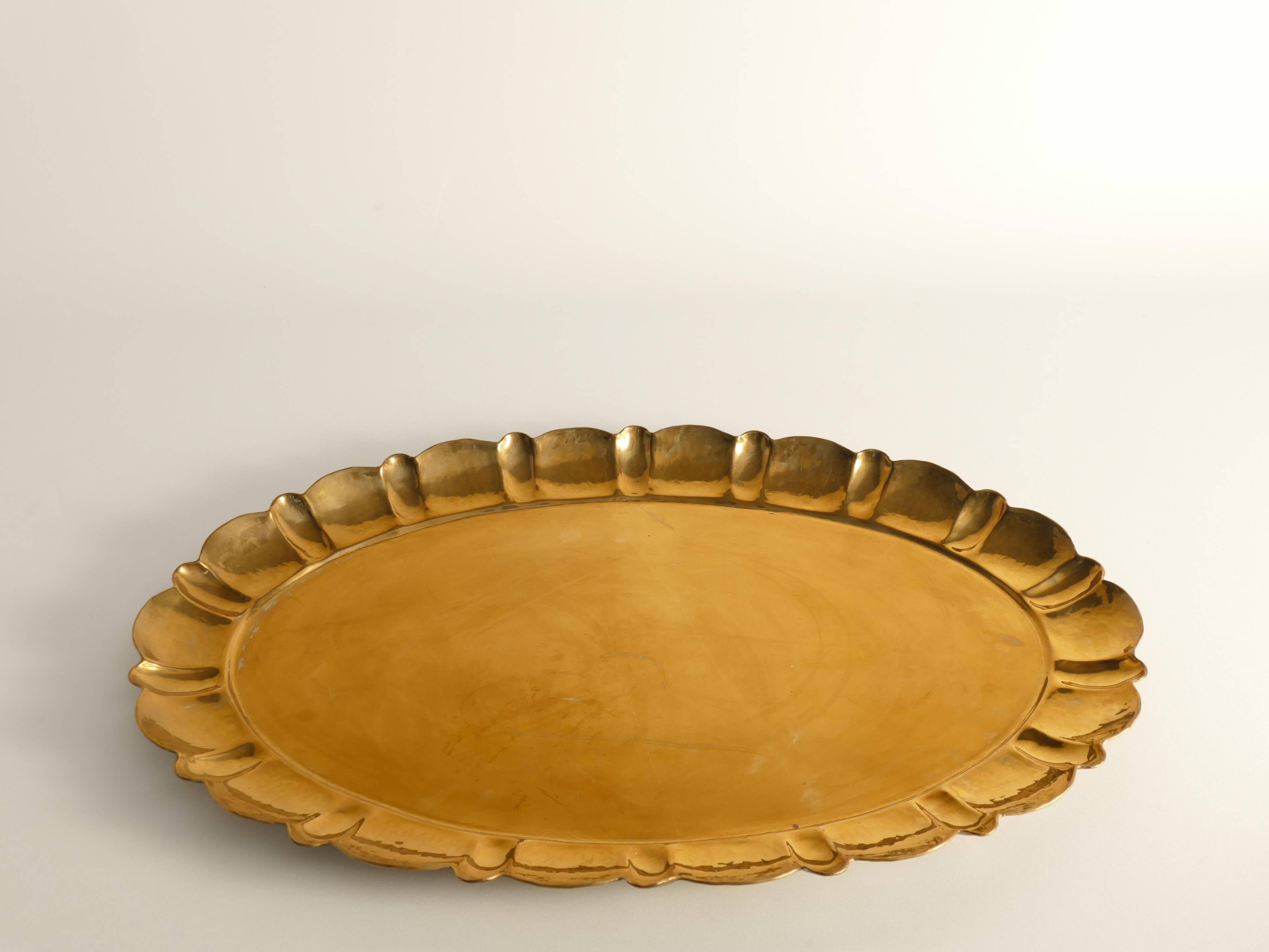 Hollywood Regency Large Oval Brass Tray by Firma Lars Holmström, Sweden 1940's