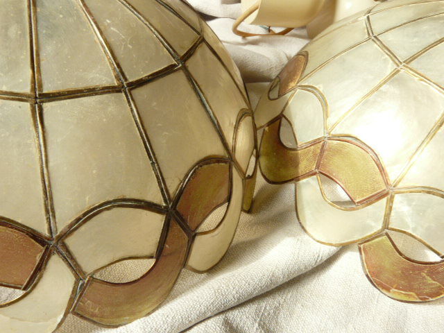 Pair of mother-of-pearl and brass lampshades