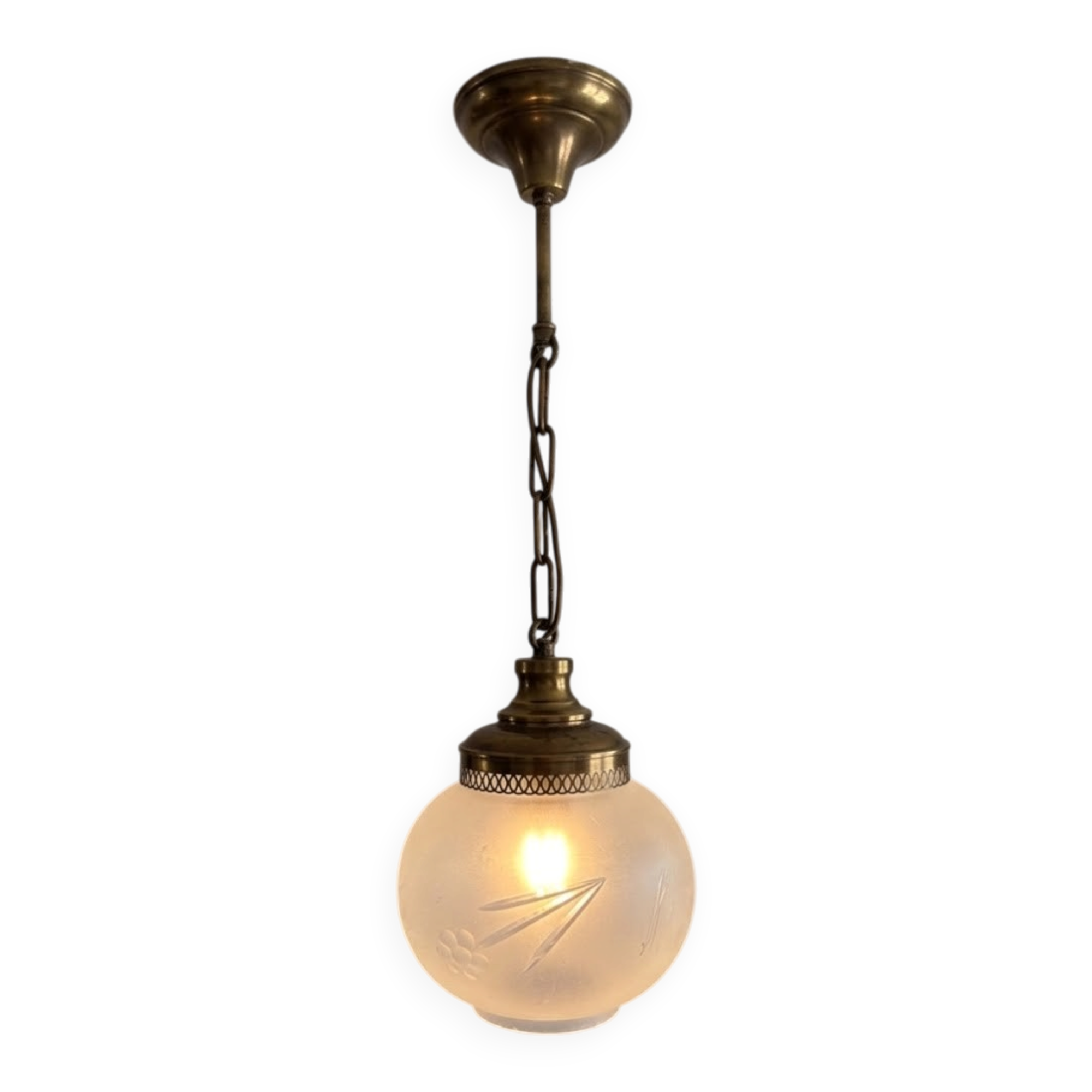 Suspension Luminaire Globe Frosted Glass Engraved Brass Art Deco Vintage