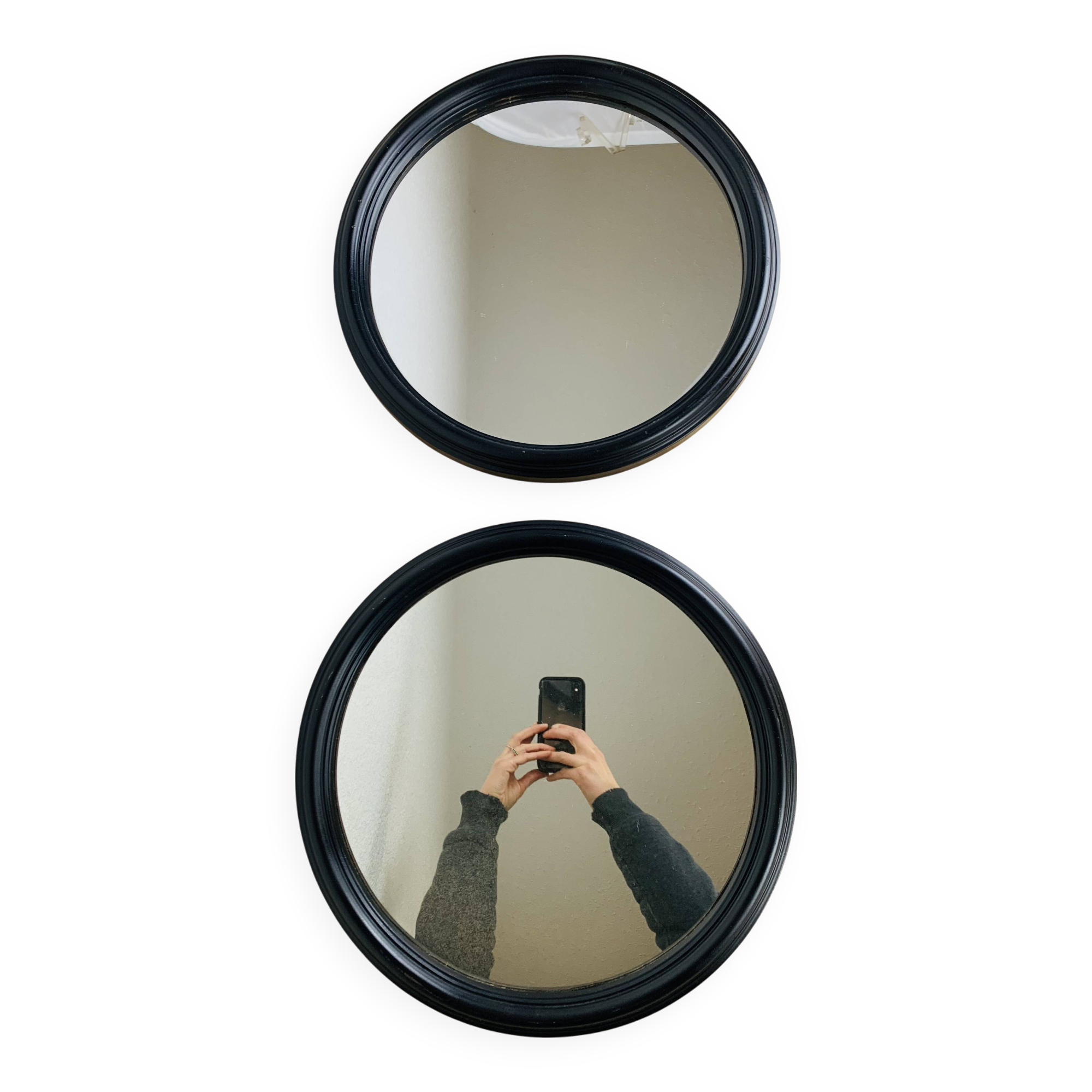 Pair of round mirrors with black rim 40 cm, vintage