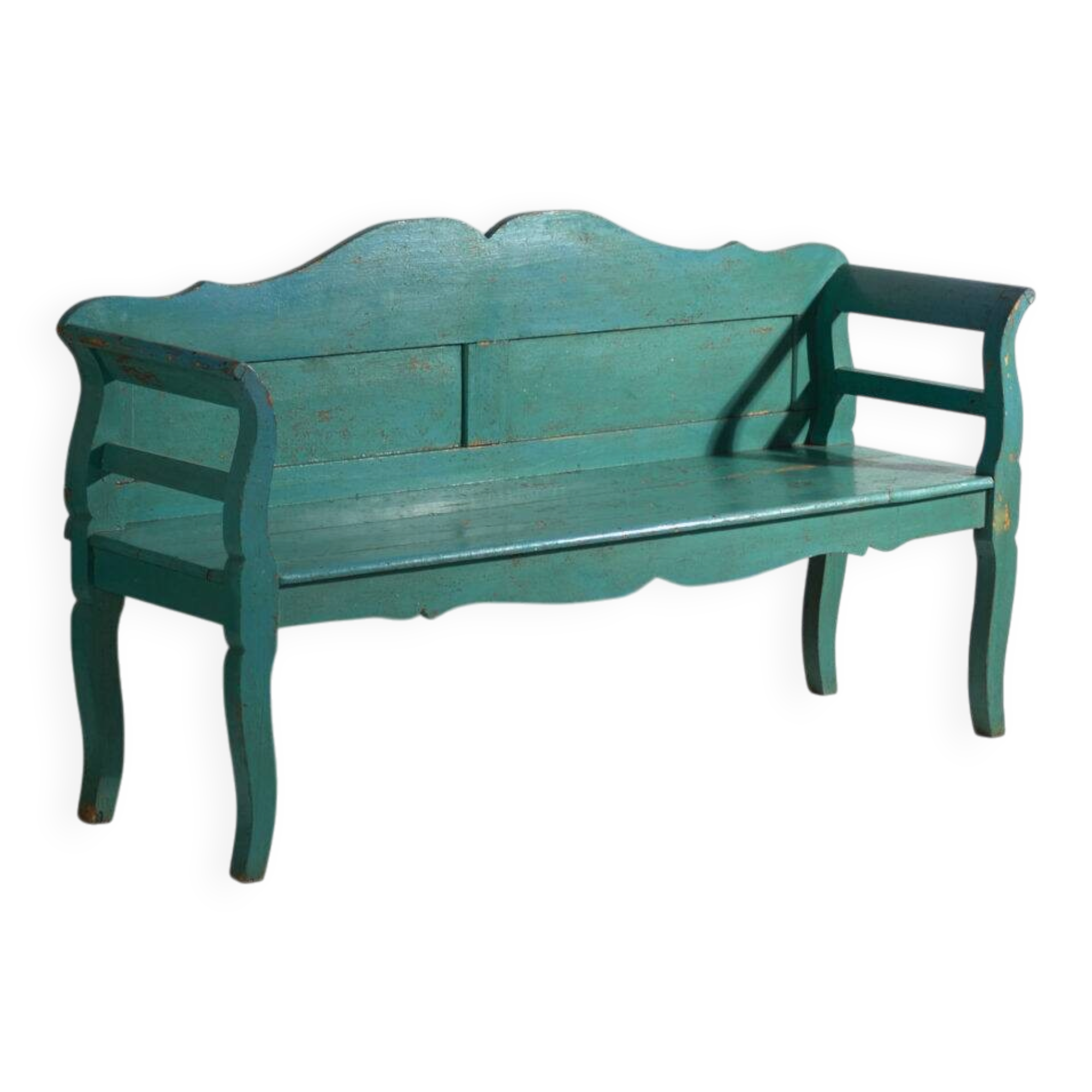 Banc ancien peint vert en bois de pin – Europe centrale, vers 1910