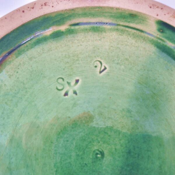 Paire de vases rouleau vintage 1950 ceramique verte signee 50s 1950s