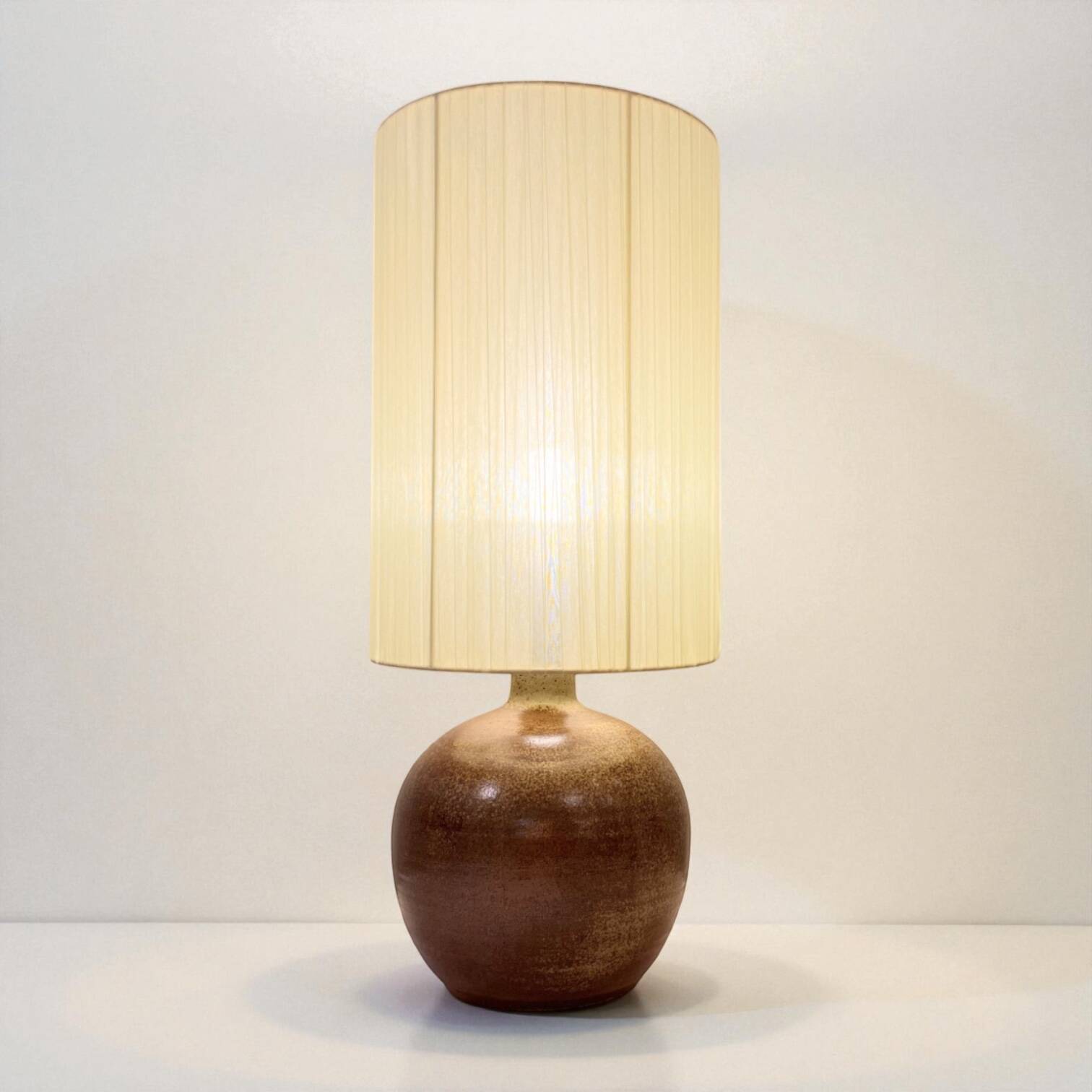 XXL vintage ceramic brown floor lamp with beige ribbon shade from the 1970s.