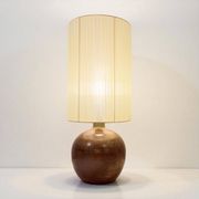 XXL vintage ceramic brown floor lamp with beige ribbon shade from the 1970s.