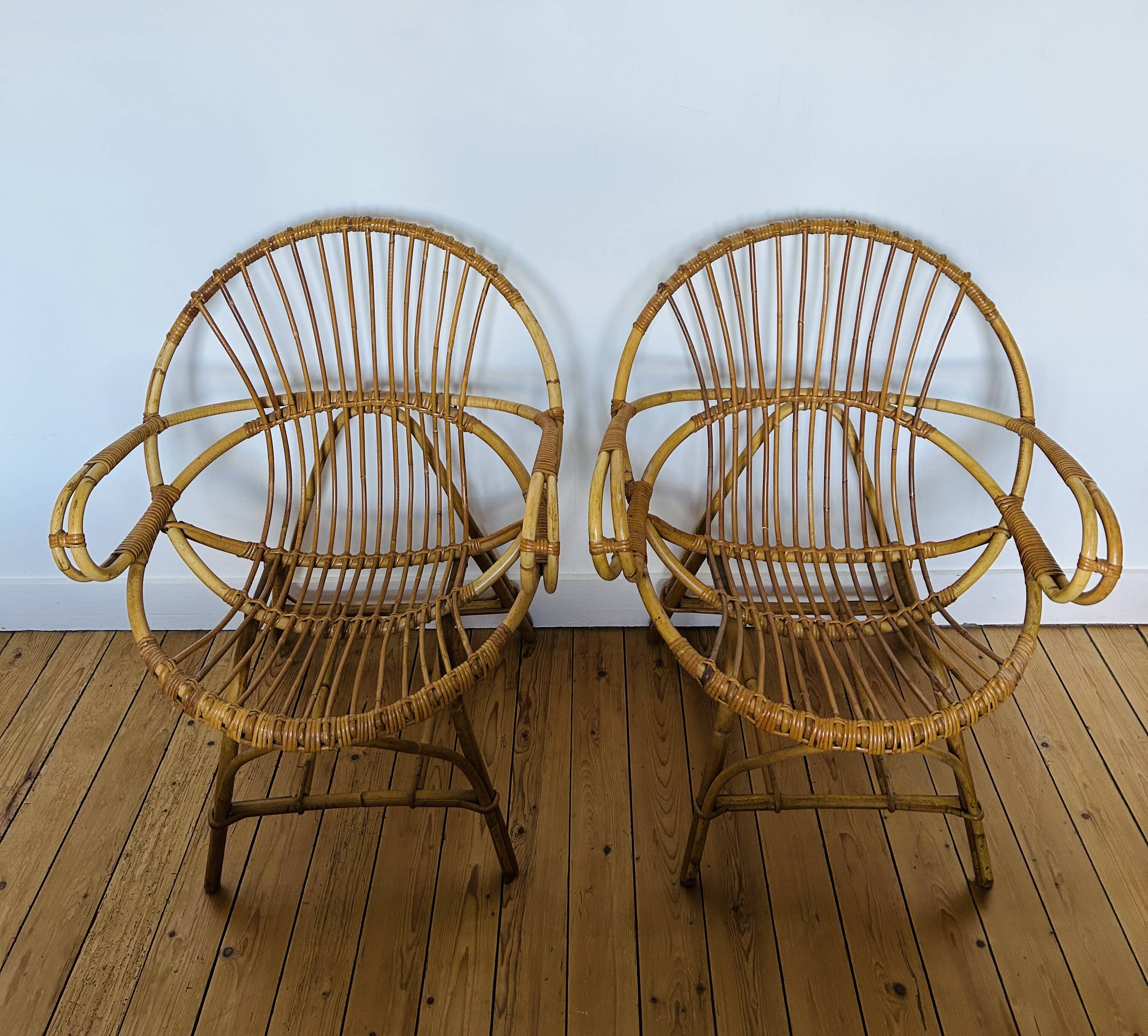 Pair of 1970s rattan shell chairs
